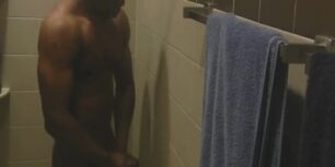 Horny black guy jerking off in gym shower