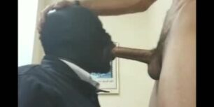 Big masked black dude sucking off his young long cock neighbor