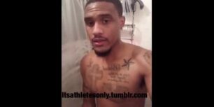 Young black dude rubbing his huge dick in the shower