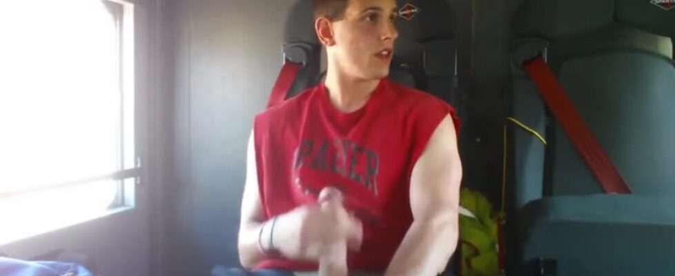 Gorgeous college jock jerking his huge cock and shooting a load on the train