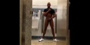 Naked black guy masturbating in the gym bathrooms