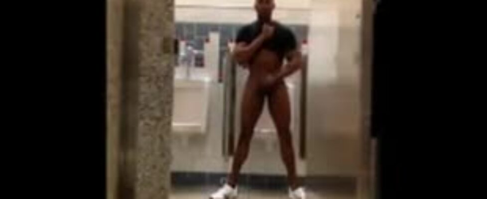 Naked black guy masturbating in the gym bathrooms