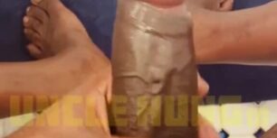 Horny black guy rubbing his tasty hairy beefy oiled cock