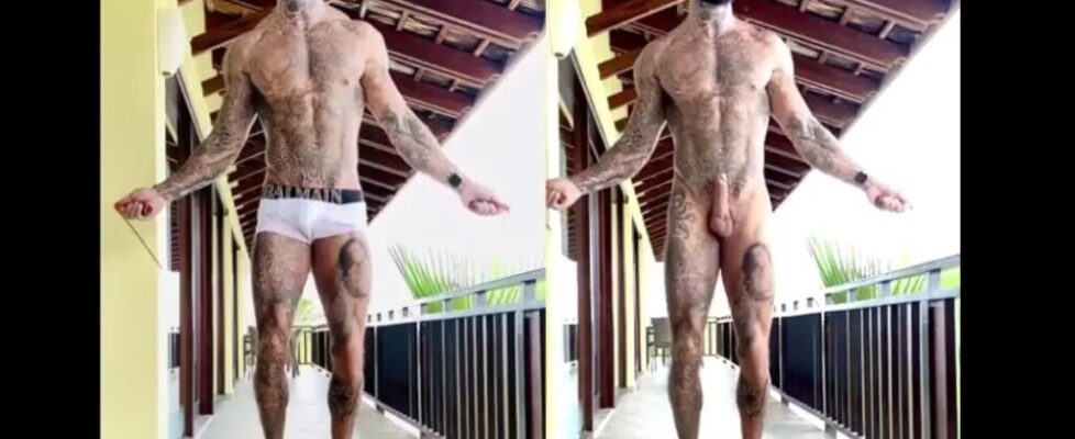 Tatted fitness instructor jump ropes naked
