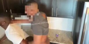 Horny black dude getting fucked by two off his friend in the kitchen