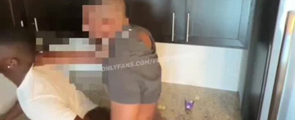 Horny black dude getting fucked by two off his friend in the kitchen