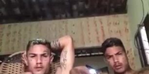 Two horny hung friends masturbating in front of the camera