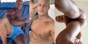 Trentw and friends show off this bodies to the vegas strip from the hotel window